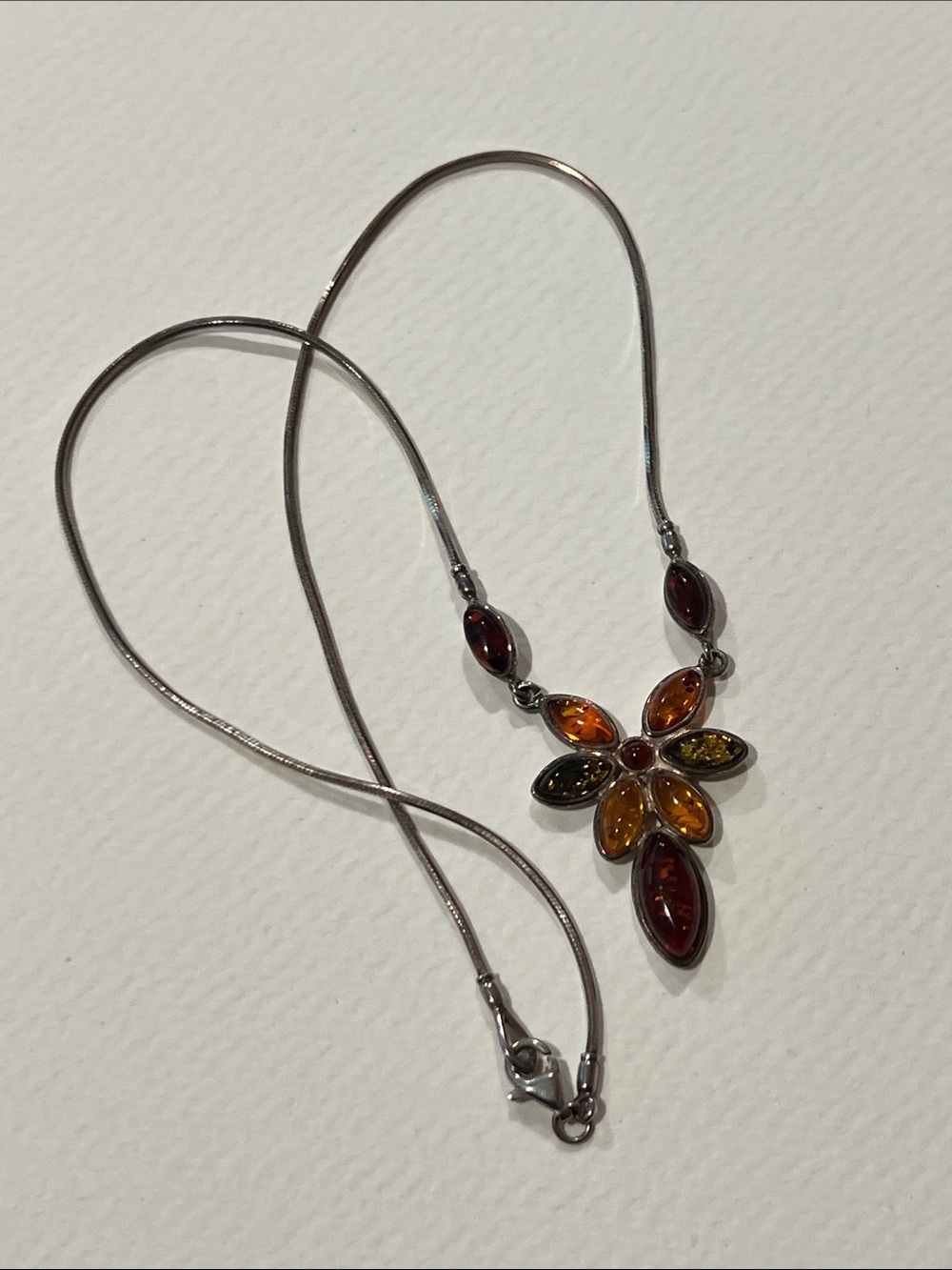Sterling Silver Amber Flower Pendant Necklace - Multicolor Amber